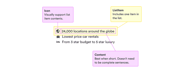 Icon: visually supports list item contents; ListItem: includes one item in the list; content: best when short and doesn't need to be complete sentences.