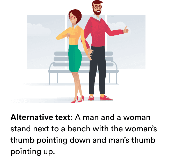 A picture with alternative text underneath: A man and a woman stand next to a bench with the woman's thumb pointing down and man's thumb pointing up.