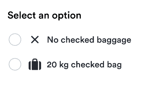 Radio buttons under the heading 'Select an option' with the first icon being X and the second related to baggage.
