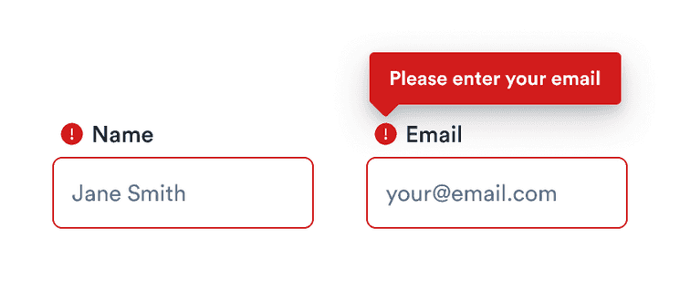 Focusing on the email field reveals the error message there,
  and hides it for the name
  .