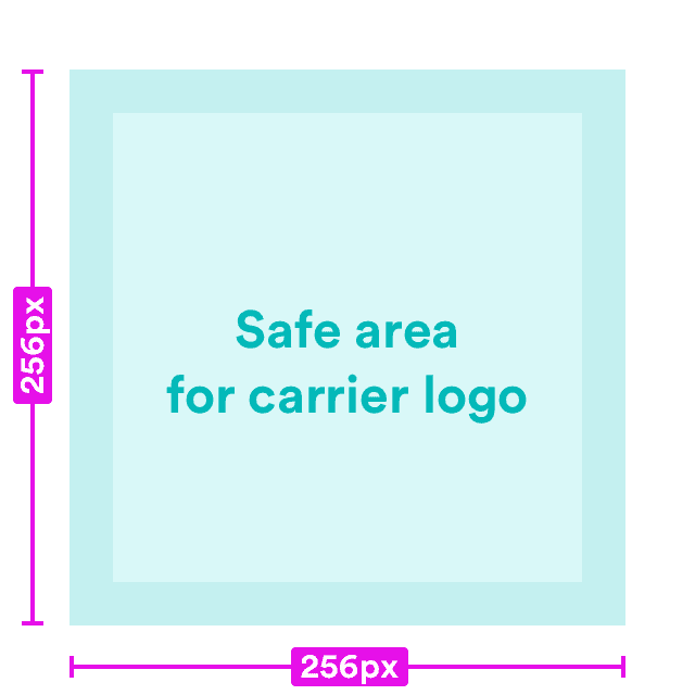A box 256 px by 256 px with the text 'safe area for carrier logo'
