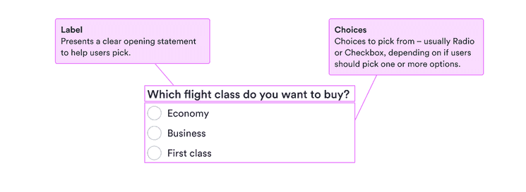 Label: presents a clear opening statement to help users pick; choices: choices to pick from -- usually Radio or Checkbox, depending on if users should pick one or more options; error message: helps users through the problem to a solution.