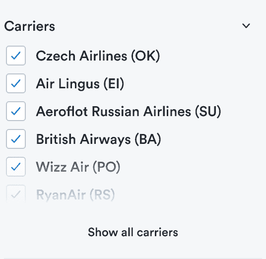 A search filter with a list of carriers that's incomplete
  and a secondary button link to 'Show all carriers'
  .