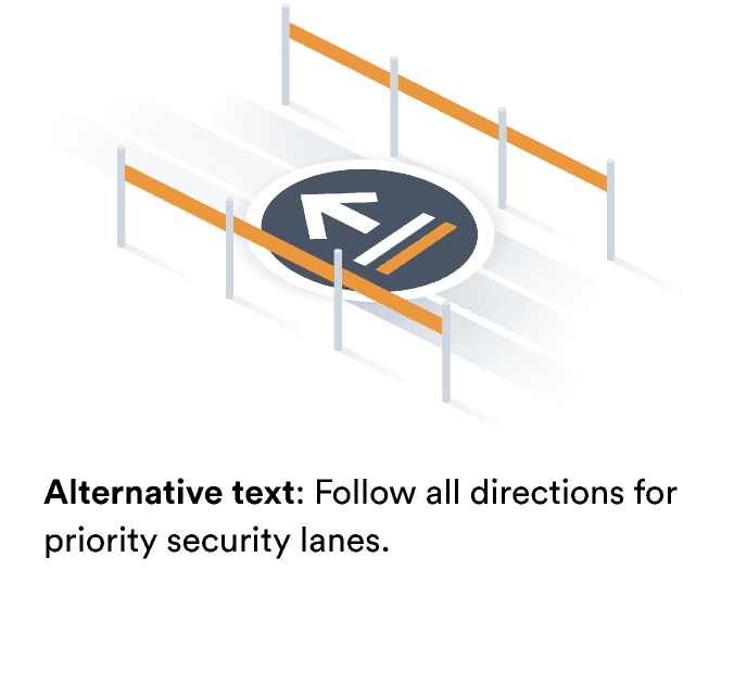 A picture with alternative text underneath: Follow all directions for priority security lanes.