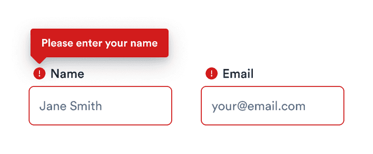 Focusing on the name field reveals the error message there,
  but not for the email
  .